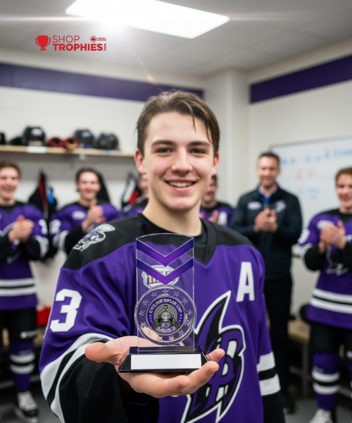 Person in a hockey jersey holding an award in a locker room with teammates and coaches.