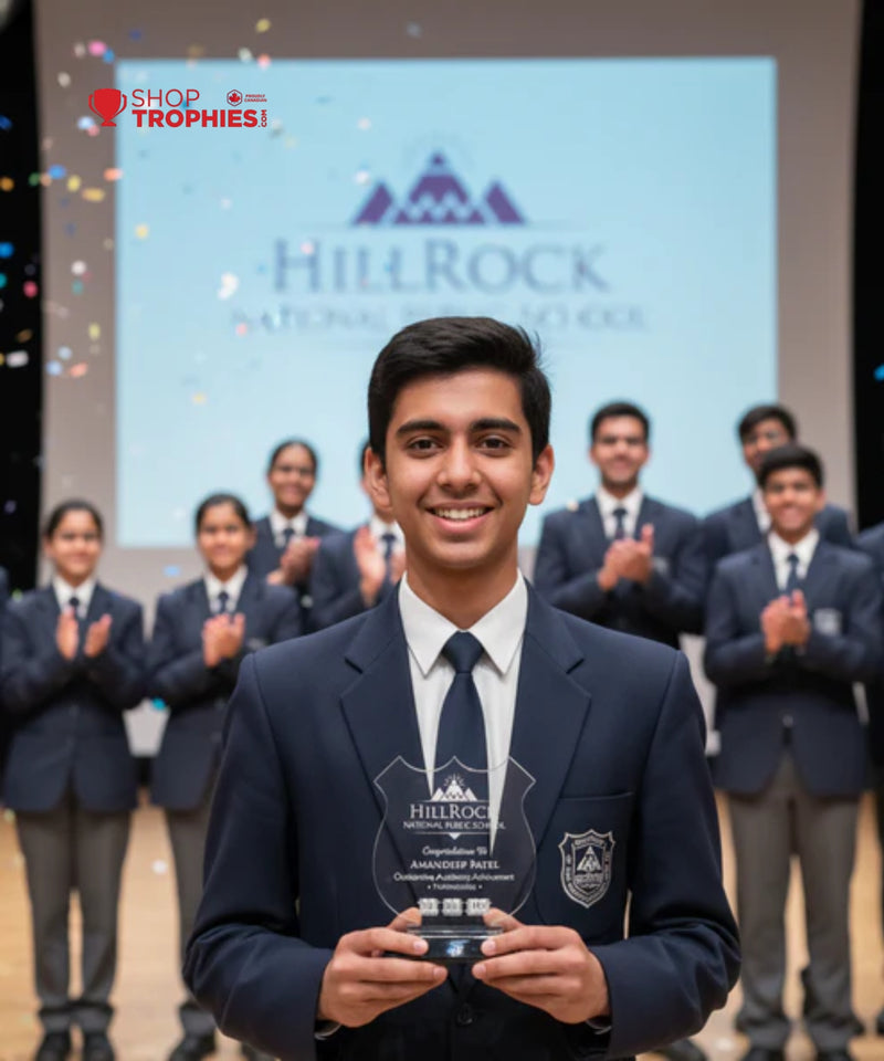 Young man in a suit holding an award with 'HillRock' in the background