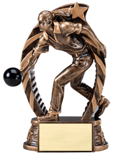 Bronze trophy featuring a female bowling player in action with a star on top, on a white background.