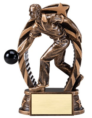 Bronze bowling trophy with a male player figure and star on a white background