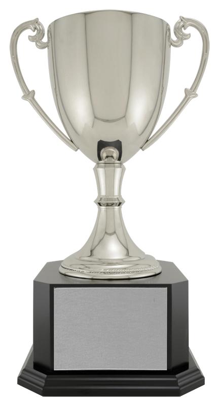 Die Cast Zinc Triumph Silver Cup with Black/Rosewood Base - shoptrophies.com